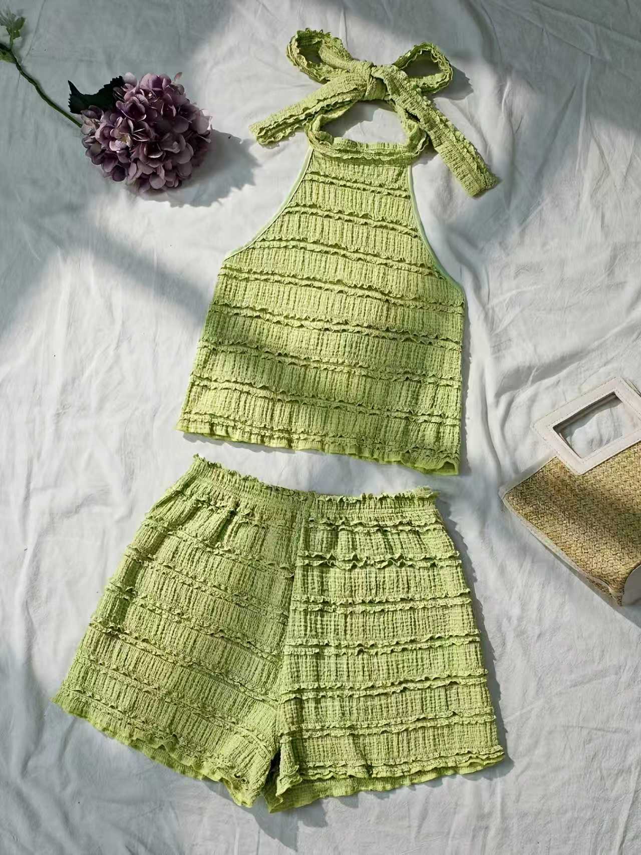 Lace Trim Cami - ชุดเสื้อสายเดี่ยวและกางเกงขาสั้นสไตล์ยุโรปและอเมริกาสำหรับวันหยุดฤดูร้อนของผู้หญิง ชุดชุดชายหาดขาสั้นสำหรับผู้หญิง