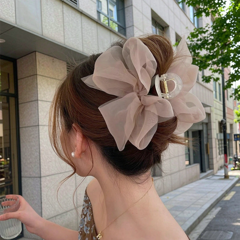 Women'S Fashion Korea - กิ๊บหนีบผมโบว์ใหญ่ผ้าทูลสไตล์เกาหลีหวานๆ สำหรับผู้หญิง สีขาวดำ กิ๊บหนีบผมทรงฉลาม เครื่องประดับผม