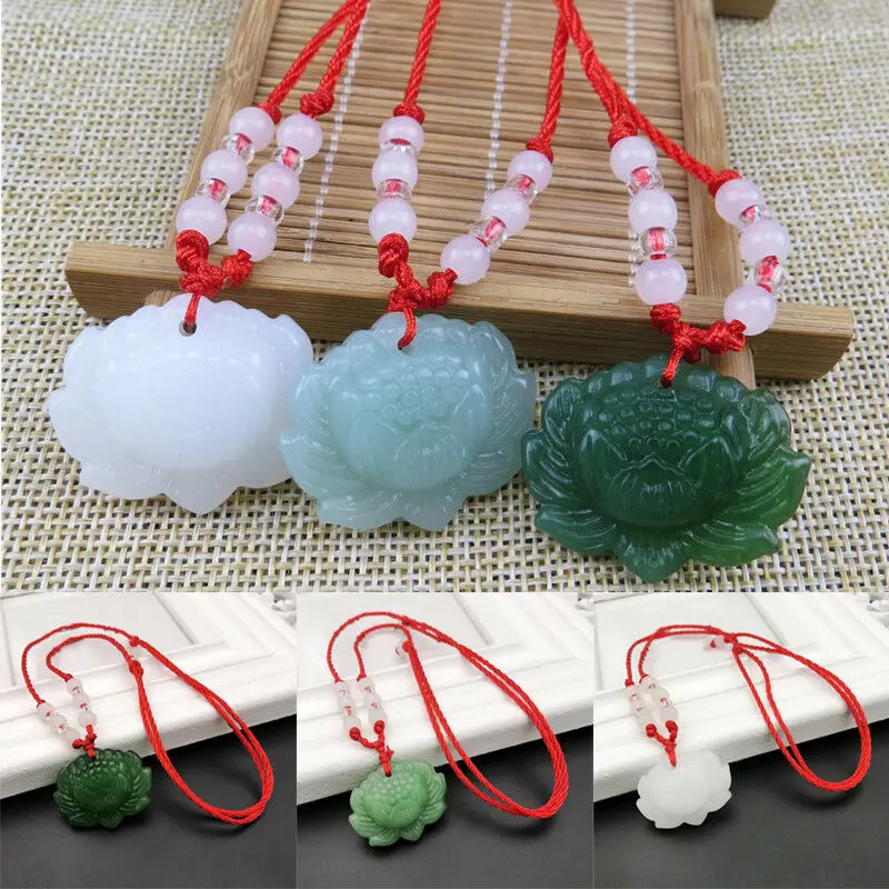 Women'S Fashion Jewellery - สร้อยคอจี้ลูกปัดหยกเขียวธรรมชาติรูปดอกบัว เครื่องประดับแฟชั่น แกะสลักด้วยมือ เครื่องรางนำโชคสำหรับผู้หญิง ของขวัญ