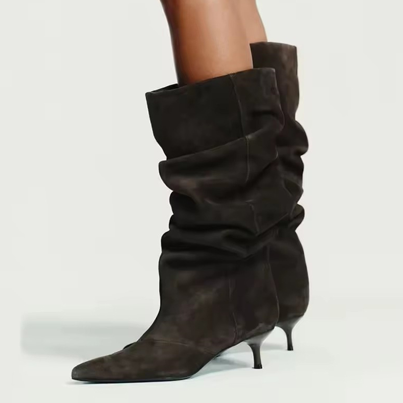 Women'S Fashion Knee High Boots - รองเท้าบูทสูงถึงเข่าแบบจีบหนังกลับสไตล์รันเวย์ของ Liyke สำหรับผู้หญิง สีน้ำตาล สไตล์เรโทร หัวแหลม